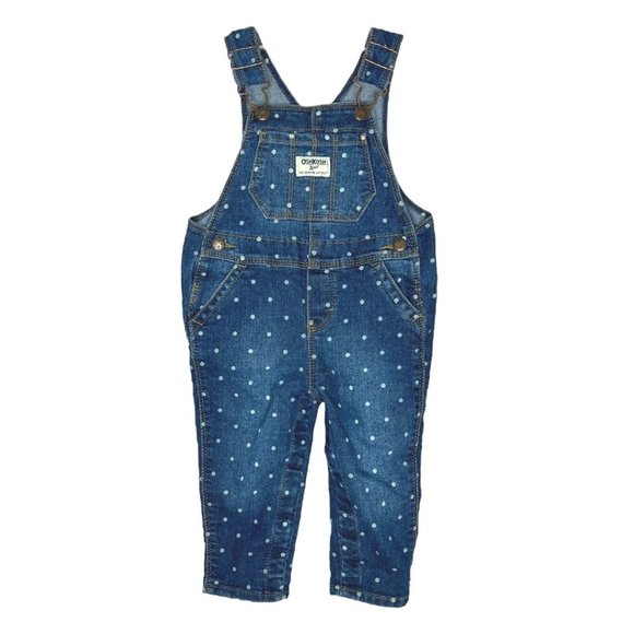 Oshkosh Bgosh Overalls Girls 12 Months Blue White Polka Dot Vestbak Rustic Retro - Picture 1 of 6